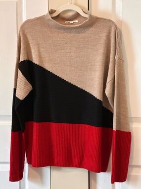 Women’s Linda Matthews Colorblock Crewneck Sweater in Beige, Black & Red Sz: XL